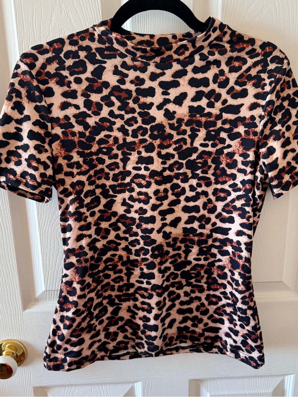 Women's Leopard Print Short Sleeve Top - Pink/Black